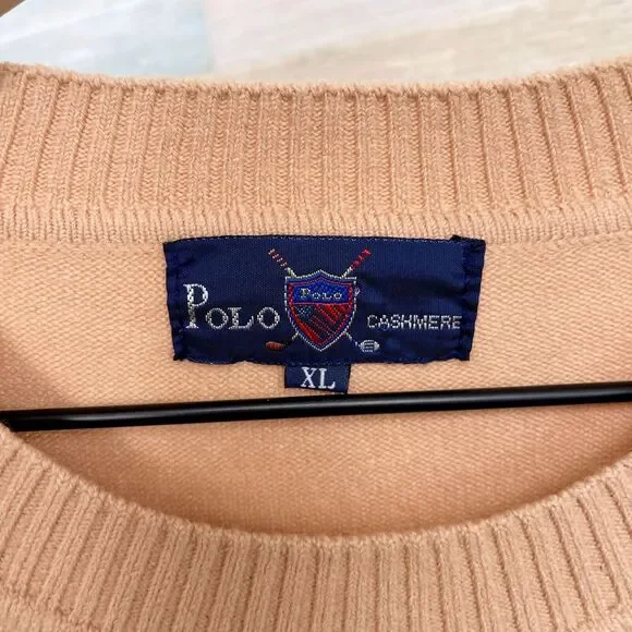 POLO Ralph Lauren Pure Cashmere Sweater Tan Golf Shield Logo Vintage Mens XL